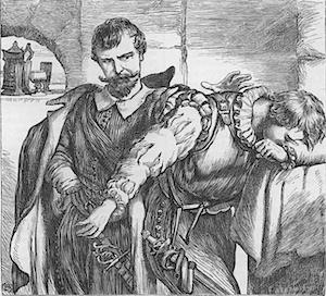 Engraving by H.C. Selous. Iago saying to Cassio, 'What, are you hurt, lieutenant?'